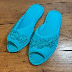 Vintage Vanity Fair Washable Nylon Turquoise Blue Women's Peep Toe Slippers 5-6